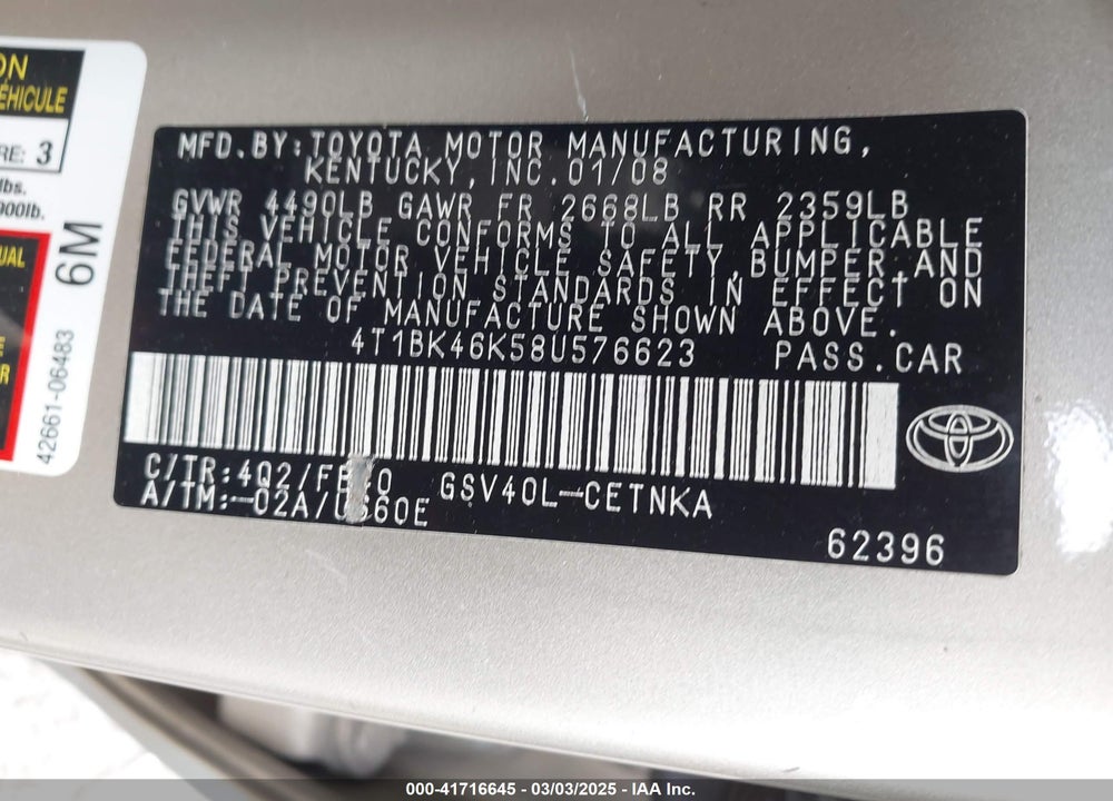 2008 TOYOTA CAMRY VIN: 4T1BK46K58U576623