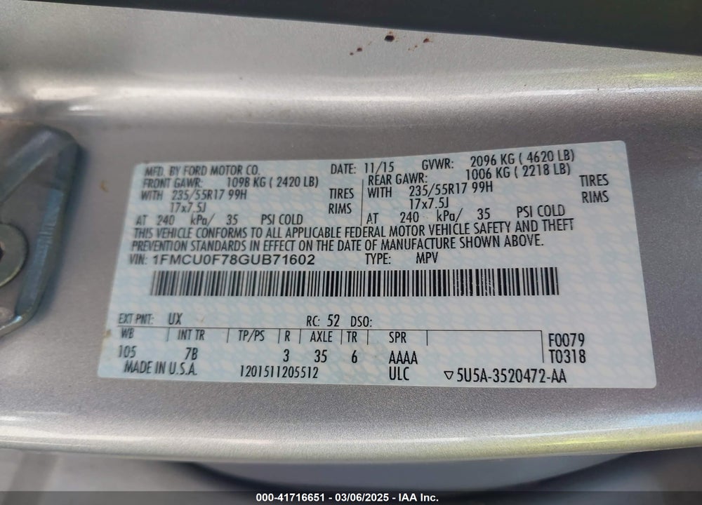 2016 FORD ESCAPE S VIN: 1FMCU0F78GUB71602