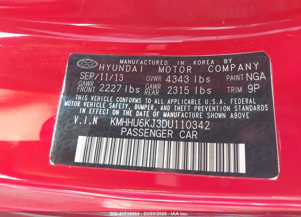 2013 HYUNDAI GENESIS VIN: KMHHU6KJ3DU110342