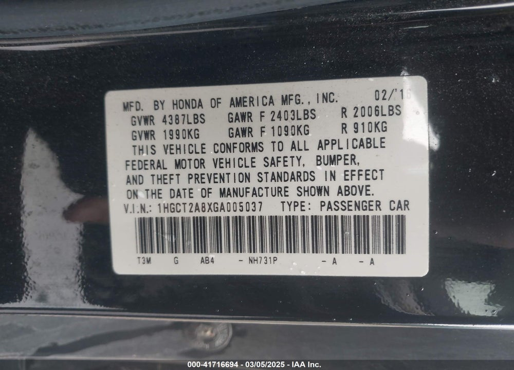 2016 HONDA ACCORD VIN: 1HGCT2A8XGA005037