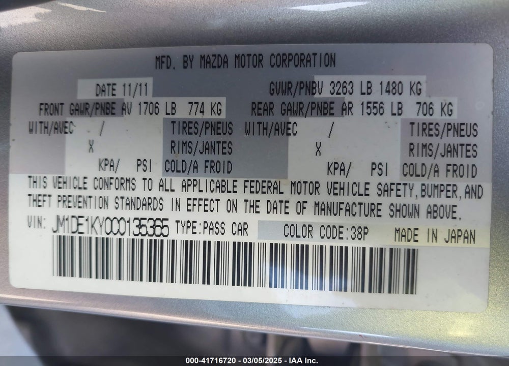 2012 MAZDA 2 VIN: JM1DE1KY0C0135365