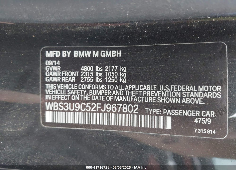 2015 BMW M4 VIN: WBS3U9C52FJ967802