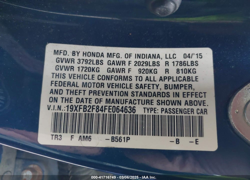 2015 HONDA CIVIC VIN: 19XFB2F84FE064636