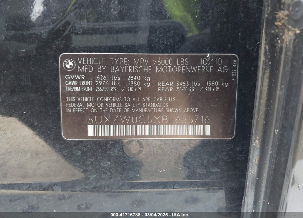 2011 BMW X5 XDRIVE35D VIN: 5UXZW0C5XBL655716