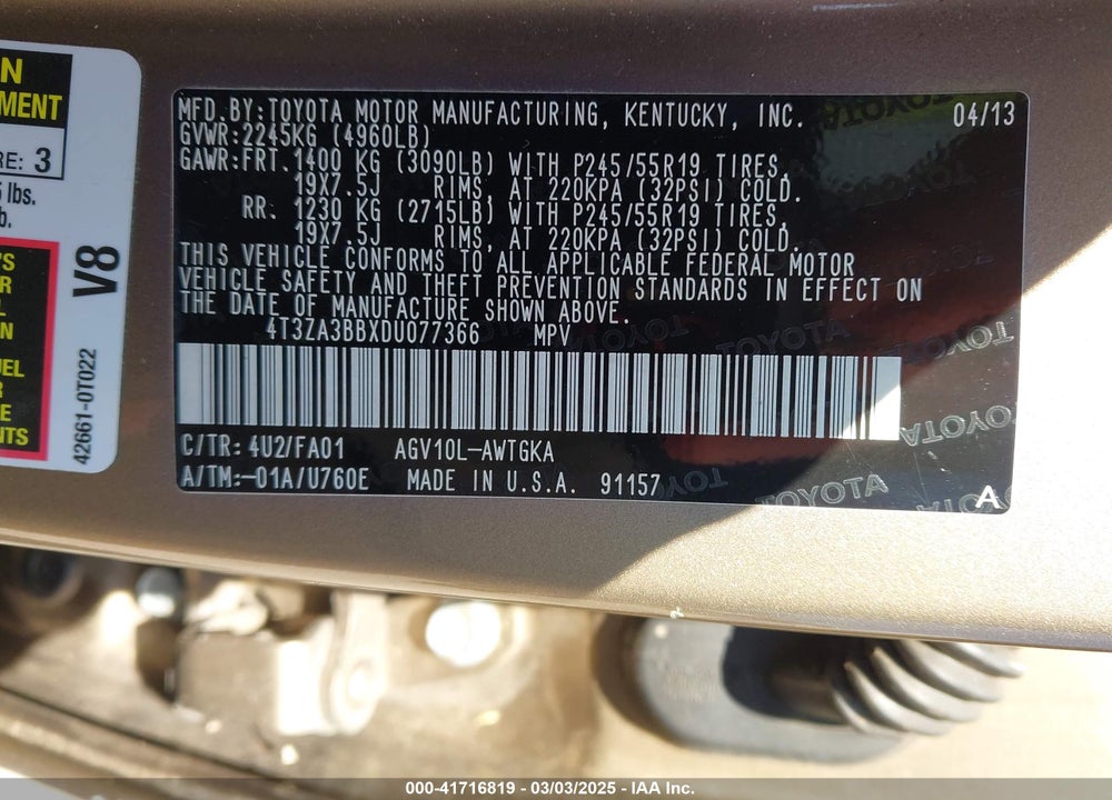 2013 TOYOTA VENZA LE VIN: 4T3ZA3BBXDU077366