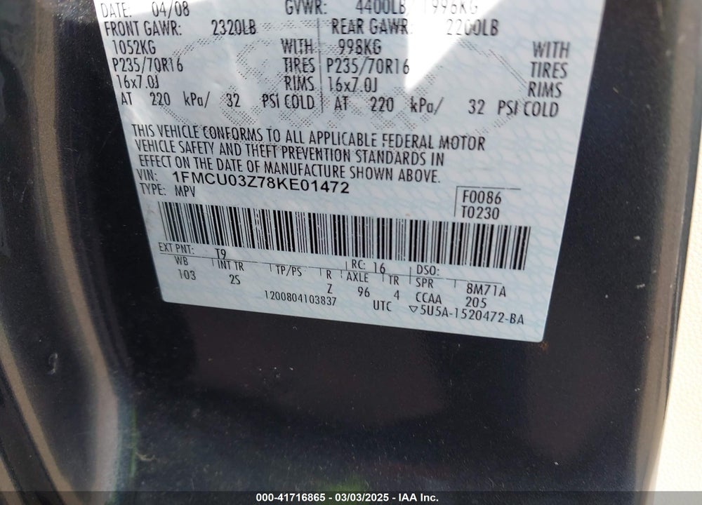 2008 FORD ESCAPE XLT VIN: 1FMCU03Z78KE01472