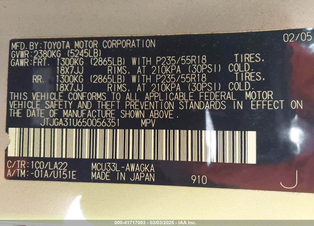 2005 LEXUS RX 330 VIN: JTJGA31U650056351