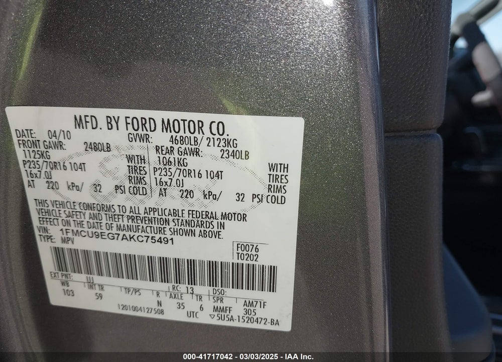 2010 FORD ESCAPE VIN: 1FMCU9EG7AKC75491