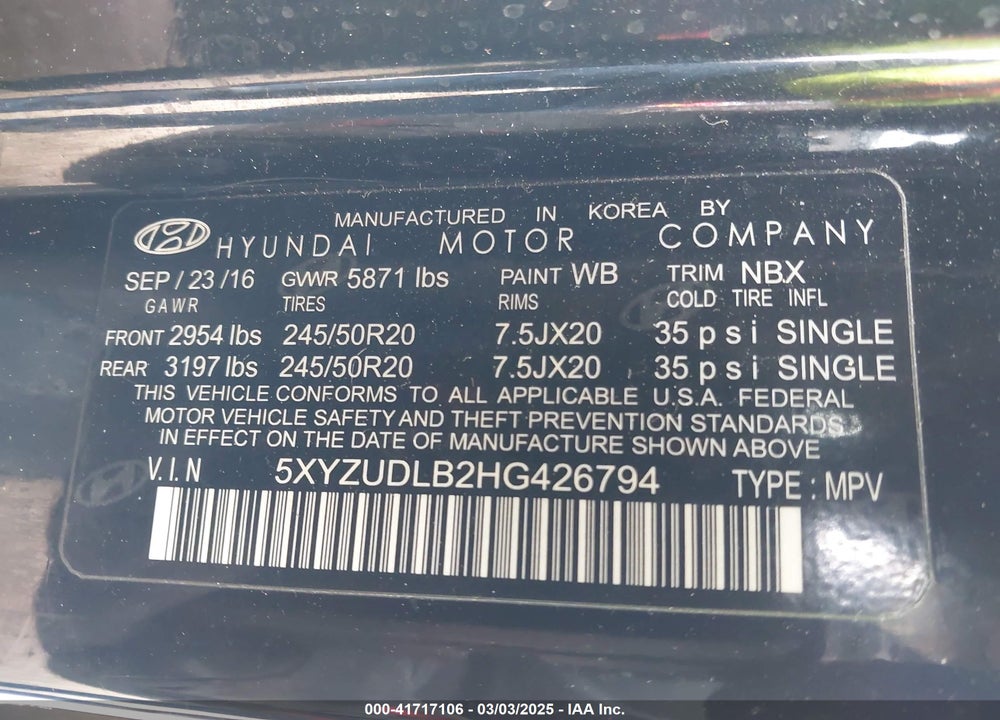 2017 HYUNDAI SANTA FE SPORT 2.4L VIN: 5XYZUDLB2HG426794