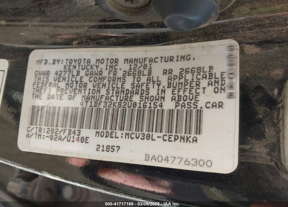 2002 TOYOTA CAMRY LE V6 VIN: 4T1BF32K82U016154