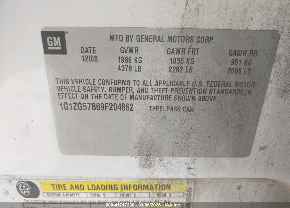 2009 CHEVROLET MALIBU VIN: 1G1ZG57B69F204862