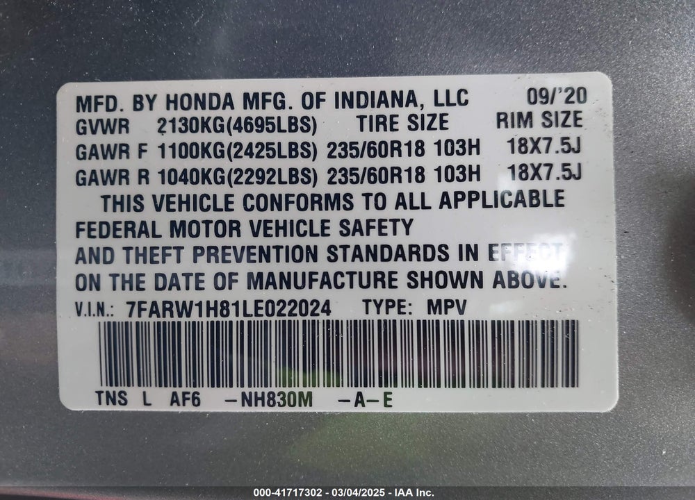 2020 HONDA CR-V VIN: 7FARW1H81LE022024