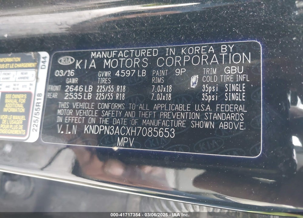 2017 KIA SPORTAGE VIN: KNDPN3ACXH7085653