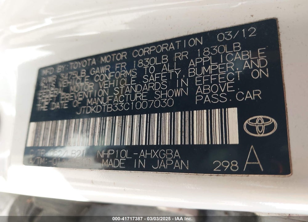 2012 TOYOTA PRIUS C FOUR VIN: JTDKDTB33C1007030