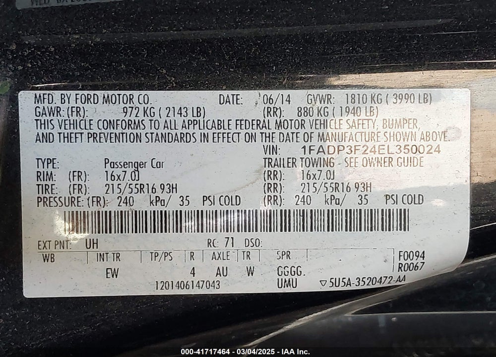 2014 FORD FOCUS VIN: 1FADP3F24EL350024