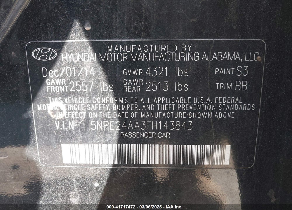 2015 HYUNDAI SONATA VIN: 5NPE24AA3FH143843