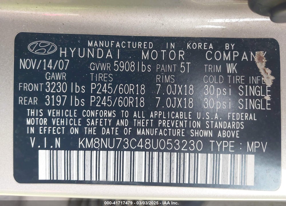 2008 HYUNDAI VERACRUZ GLS/LIMITED/SE VIN: KM8NU73C48U053230
