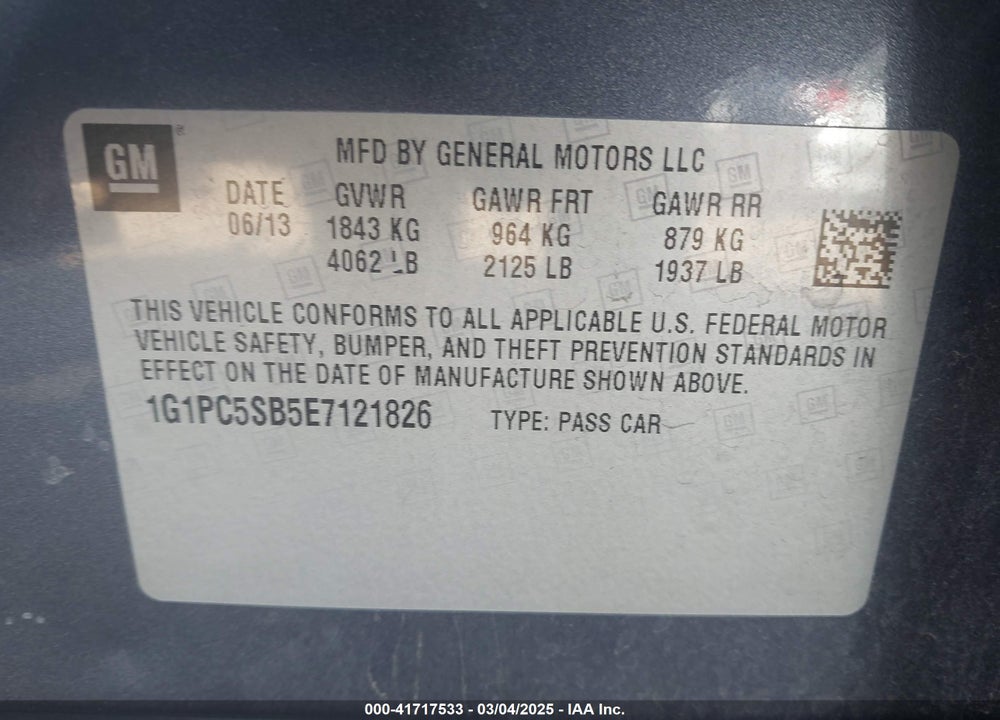 2014 CHEVROLET CRUZE VIN: 1G1PC5SB5E7121826