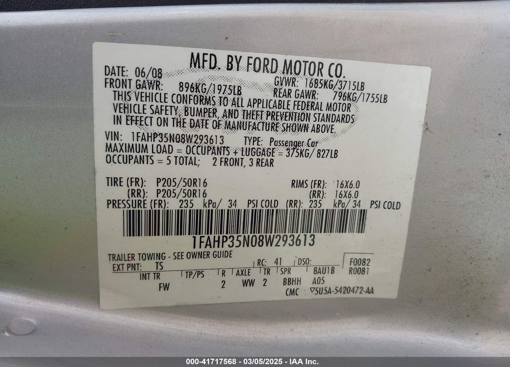 2008 FORD FOCUS SE/SES VIN: 1FAHP35N08W293613