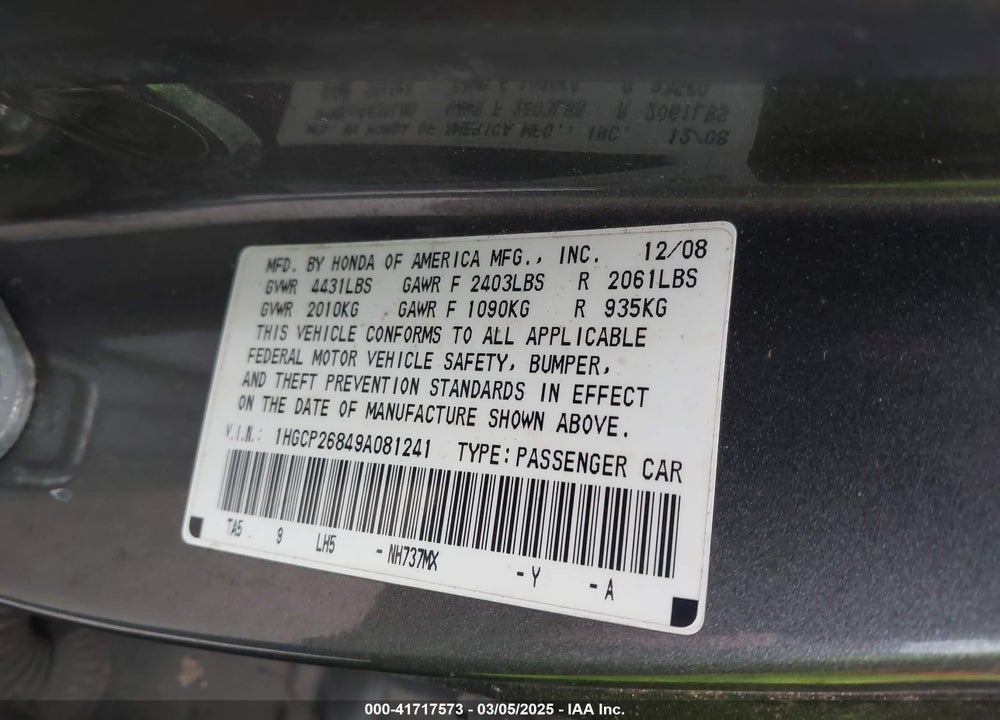 2009 HONDA ACCORD 2.4 EX-L VIN: 1HGCP26849A081241