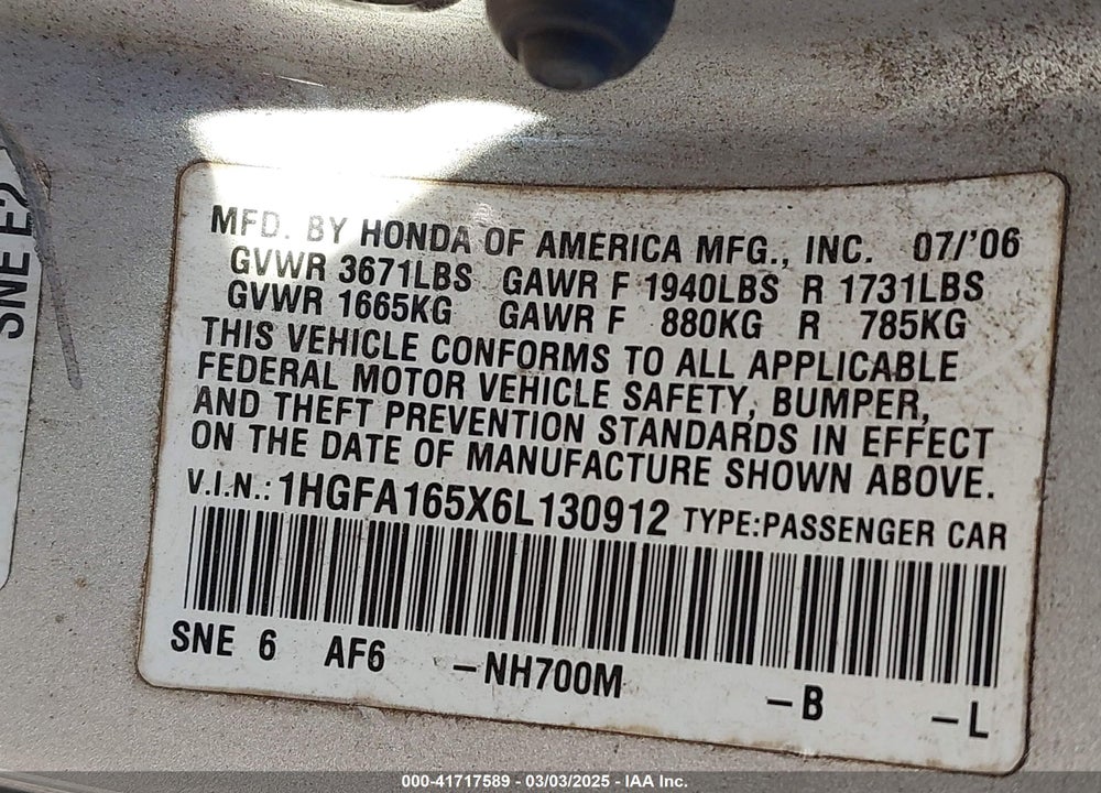 2006 HONDA CIVIC LX VIN: 1HGFA165X6L130912