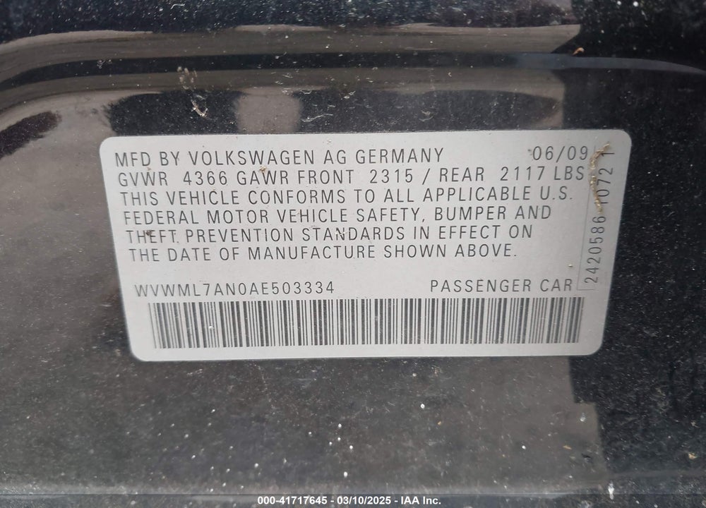 2010 VOLKSWAGEN CC VIN: WVWML7AN0AE503334