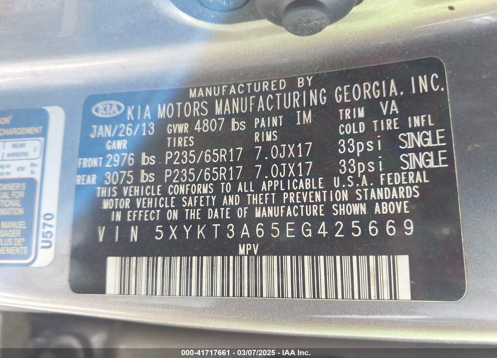 2014 KIA SORENTO VIN: 5XYKT3A65EG425669