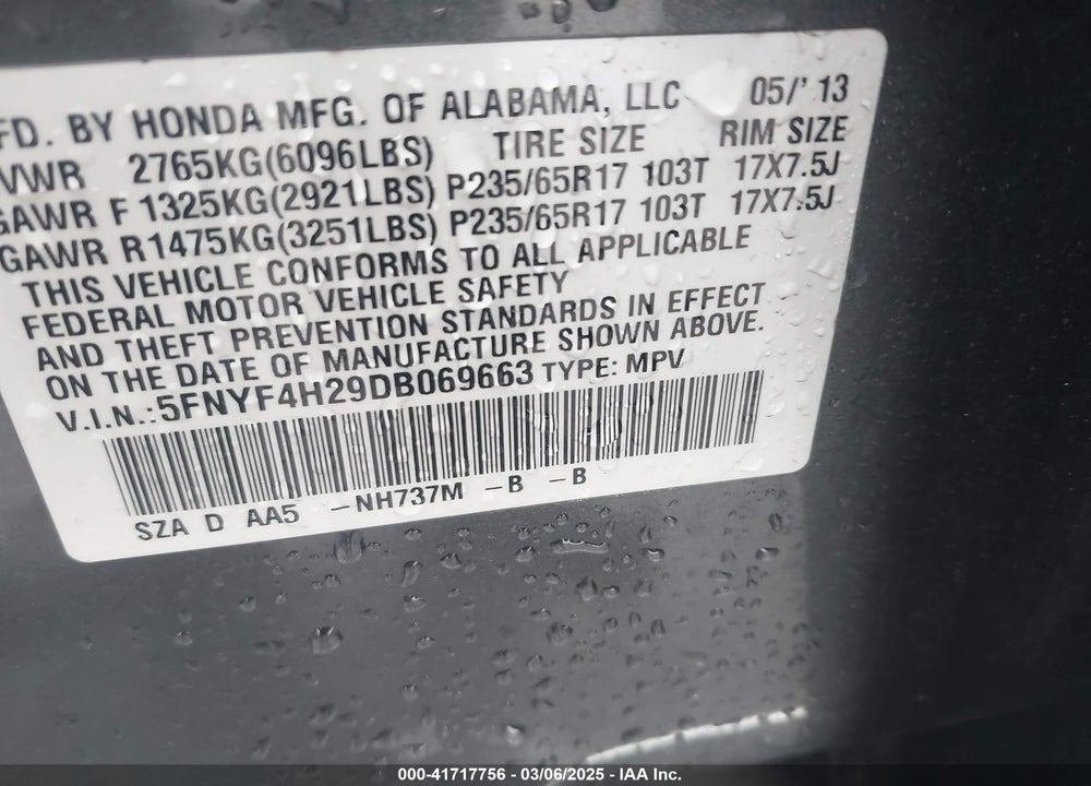 2013 HONDA PILOT LX VIN: 5FNYF4H29DB069663