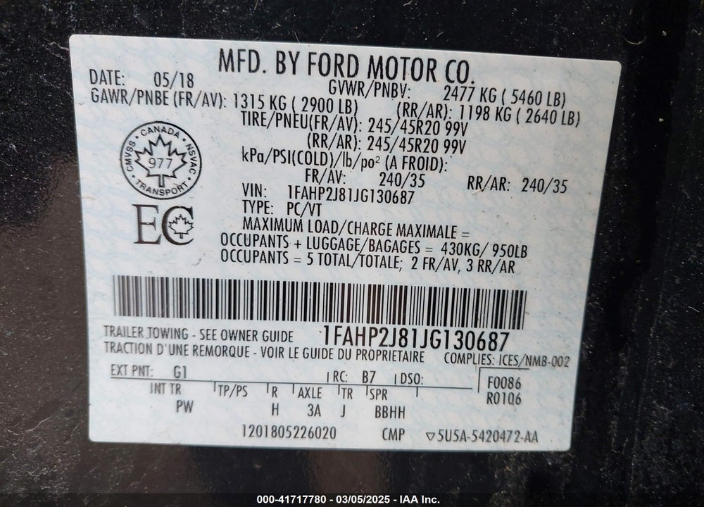2018 FORD TAURUS VIN: 1FAHP2J81JG130687