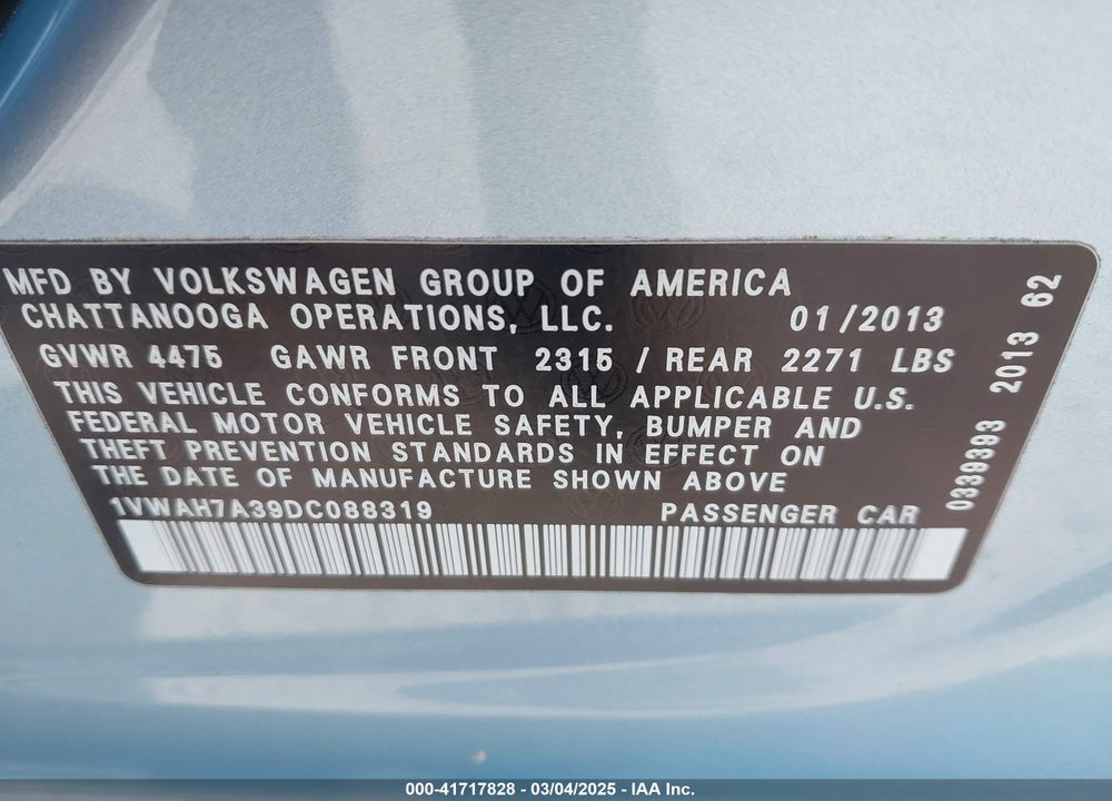 2013 VOLKSWAGEN PASSAT VIN: 1VWAH7A39DC088319