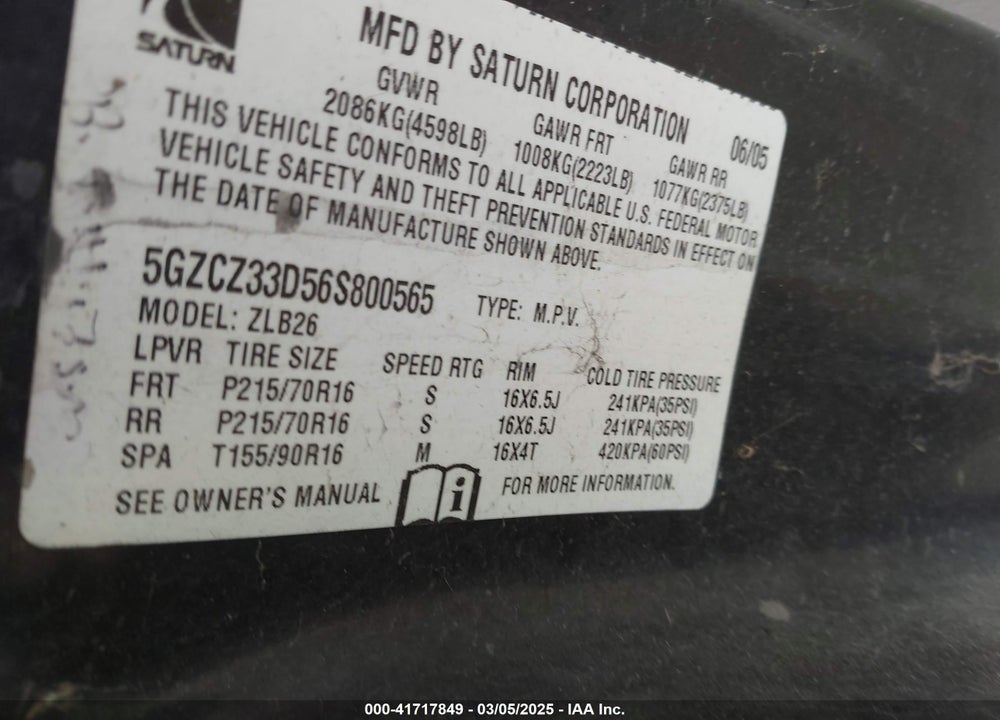 2006 SATURN VUE VIN: 5GZCZ33D56S800565