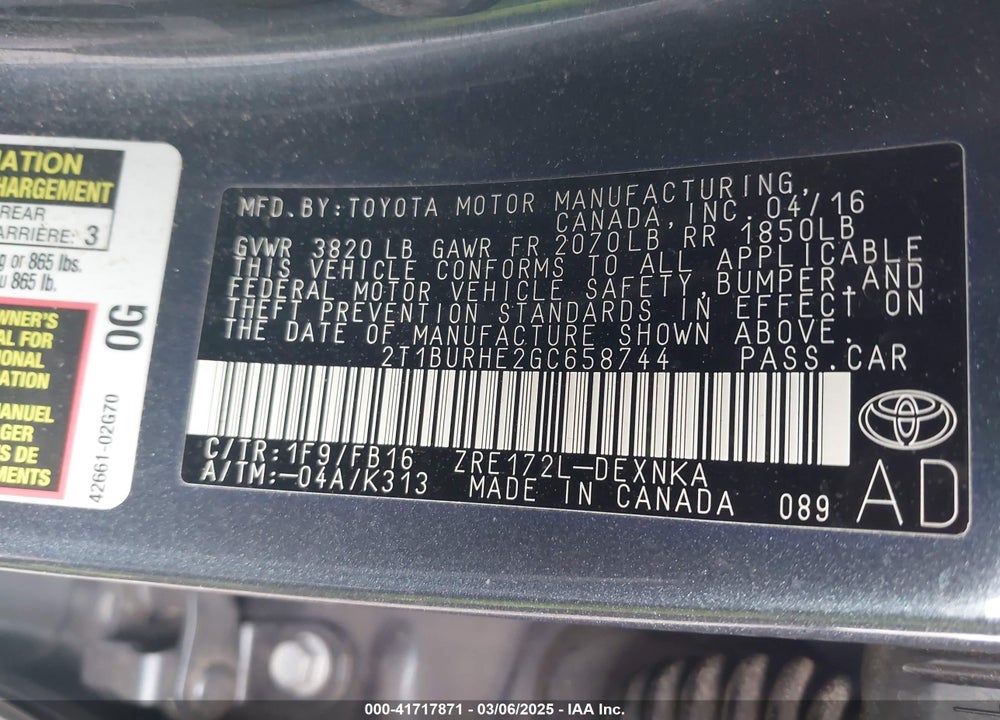2016 TOYOTA COROLLA VIN: 2T1BURHE2GC658744