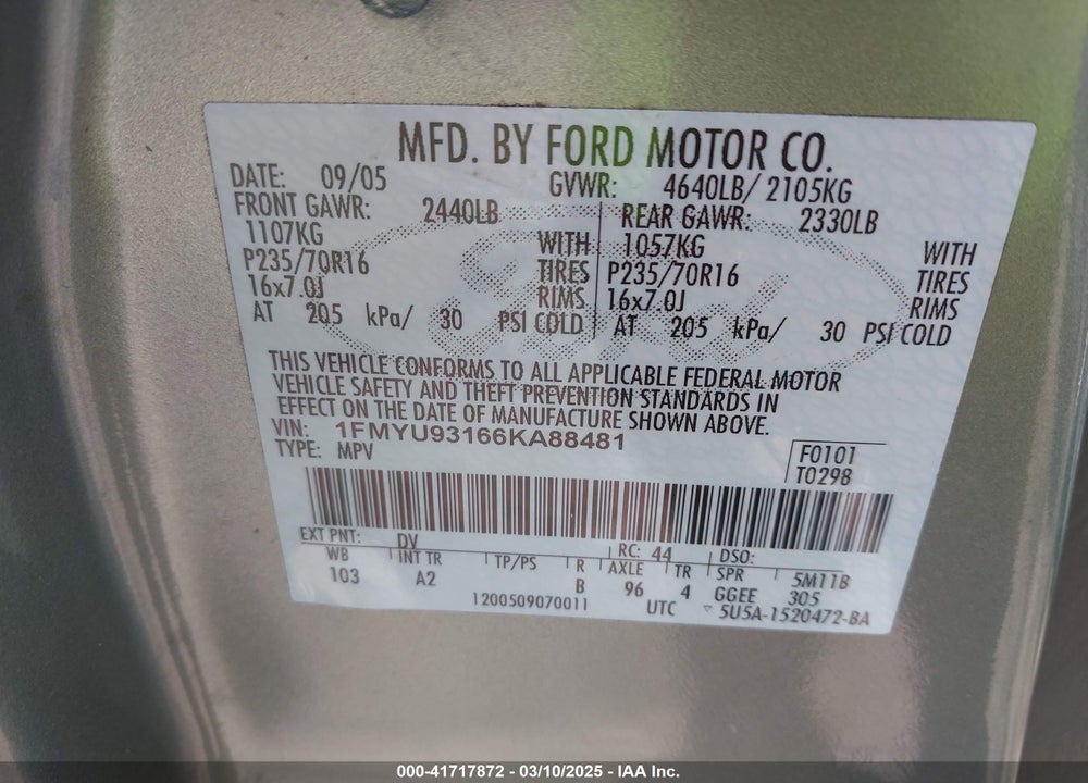 2006 FORD ESCAPE XLT/XLT SPORT VIN: 1FMYU93166KA88481