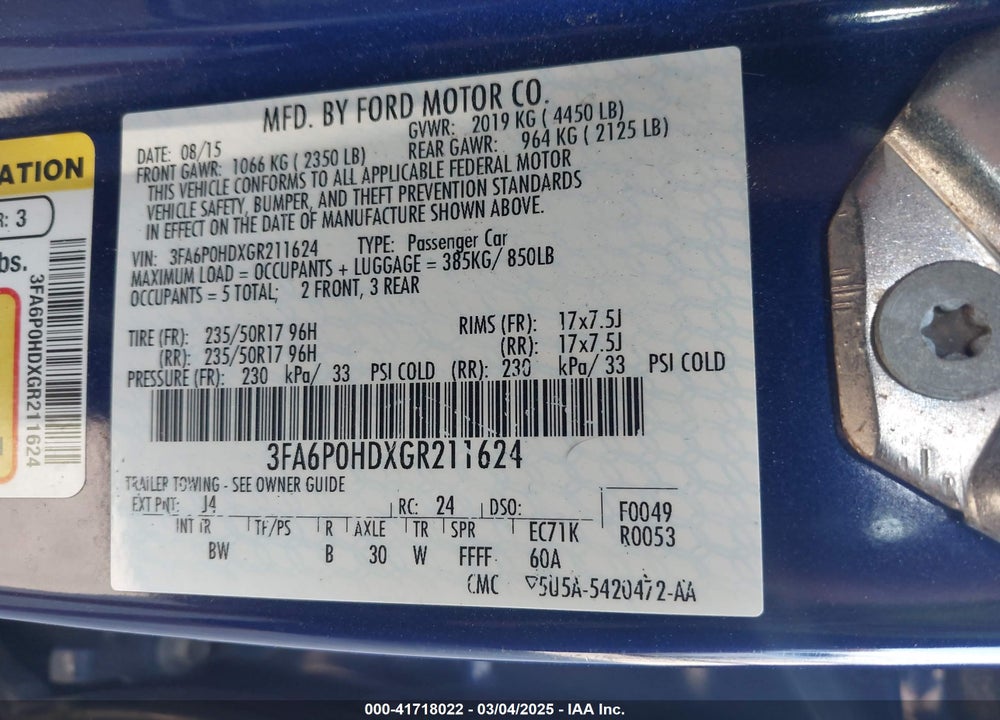 2016 FORD FUSION VIN: 3FA6P0HDXGR211624