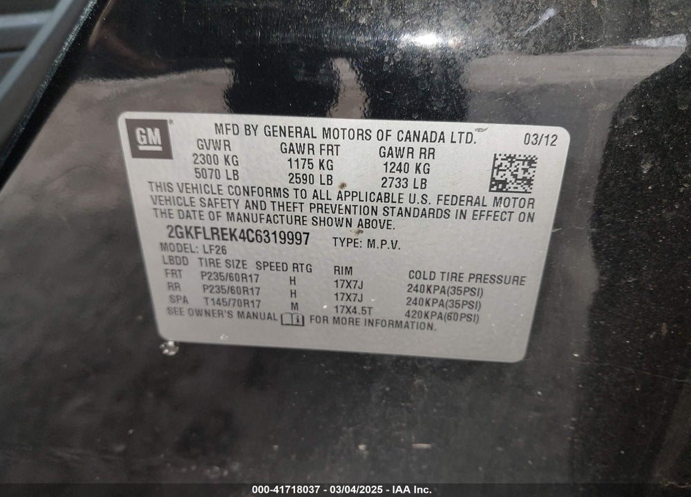 2012 GMC TERRAIN SLE-1 VIN: 2GKFLREK4C6319997