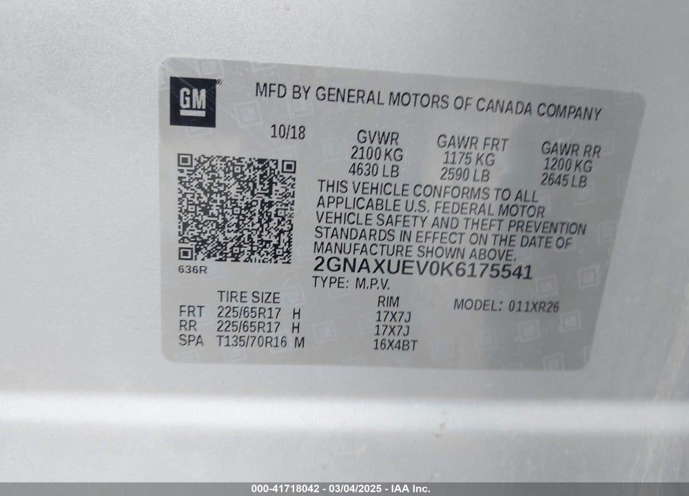2019 CHEVROLET EQUINOX LT VIN: 2GNAXUEV0K6175541