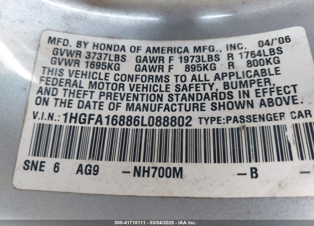 2006 HONDA CIVIC VIN: 1HGFA16886L088802