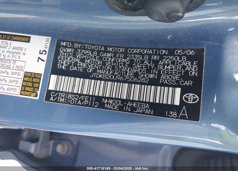 2006 TOYOTA PRIUS VIN: JTDKB20U967506282