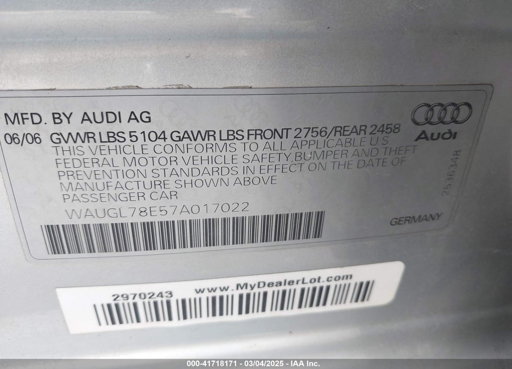 2007 AUDI S4 4.2 VIN: WAUGL78E57A017022