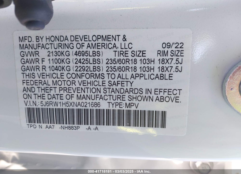 2022 HONDA CR-V 2WD EX VIN: 5J6RW1H5XNA021686