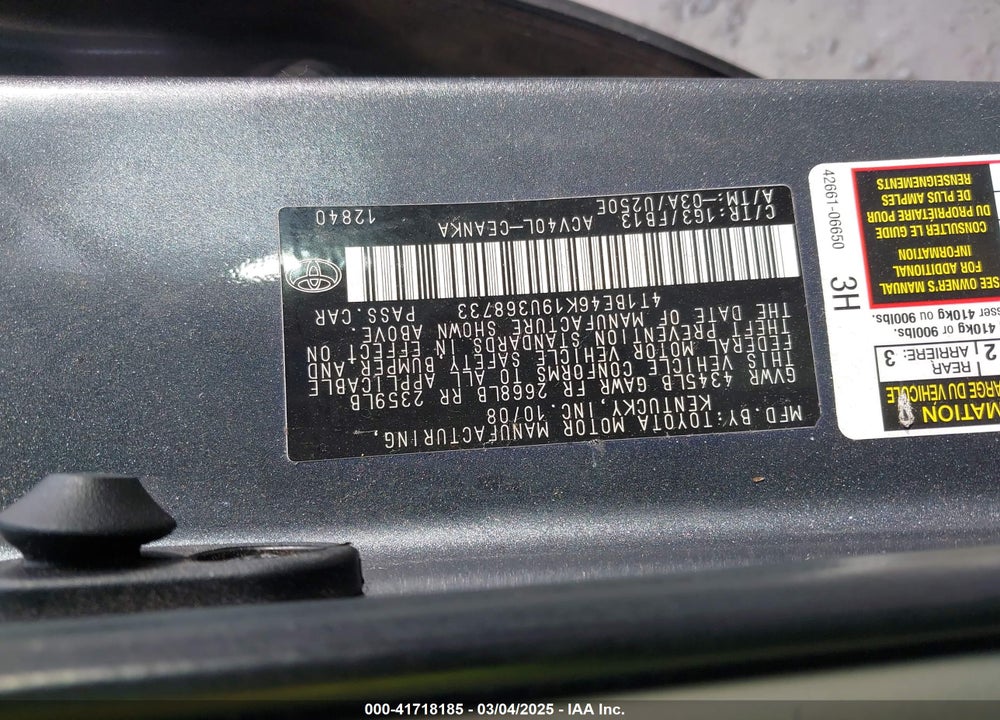 2009 TOYOTA CAMRY VIN: 4T1BE46K19U368733