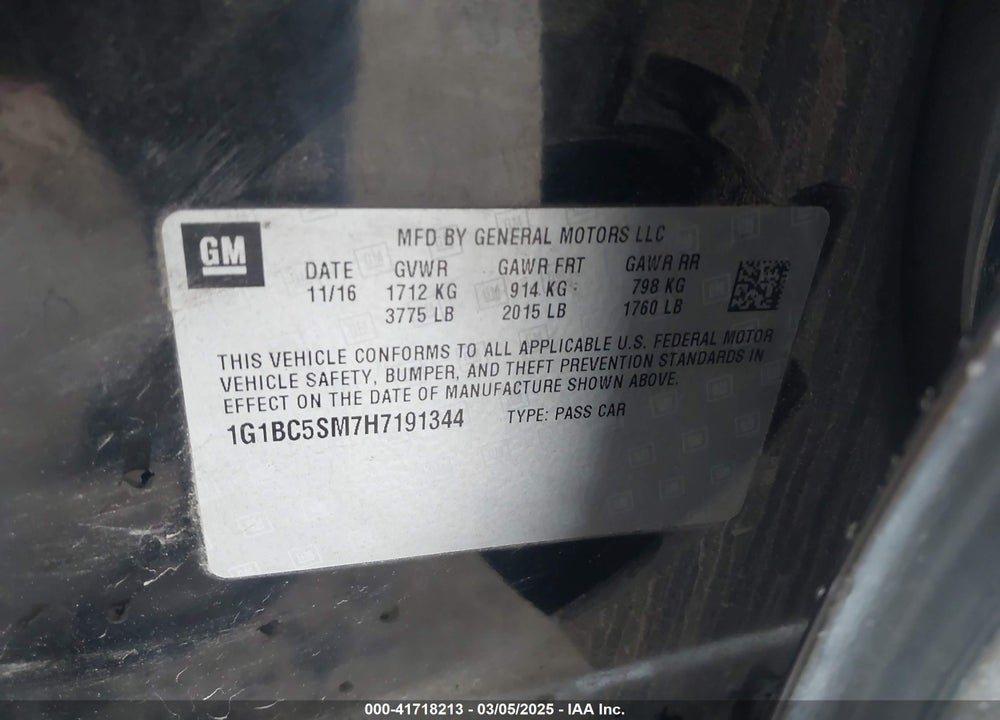 2017 CHEVROLET CRUZE LS AUTO VIN: 1G1BC5SM7H7191344