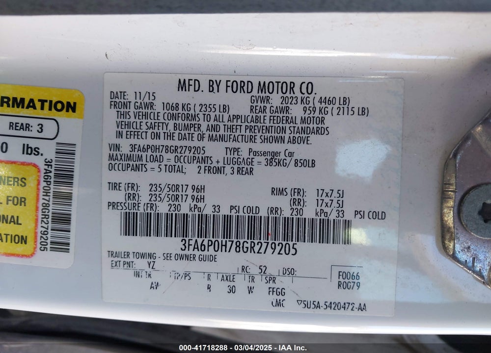 2016 FORD FUSION VIN: 3FA6P0H78GR279205