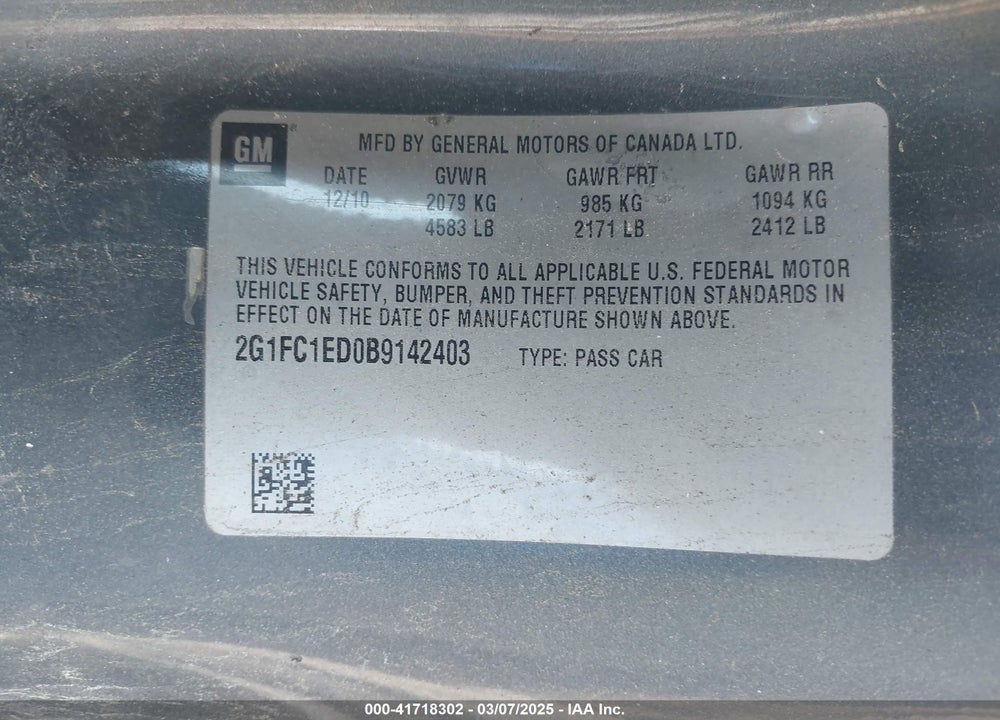 2011 CHEVROLET CAMARO VIN: 2G1FC1ED0B9142403