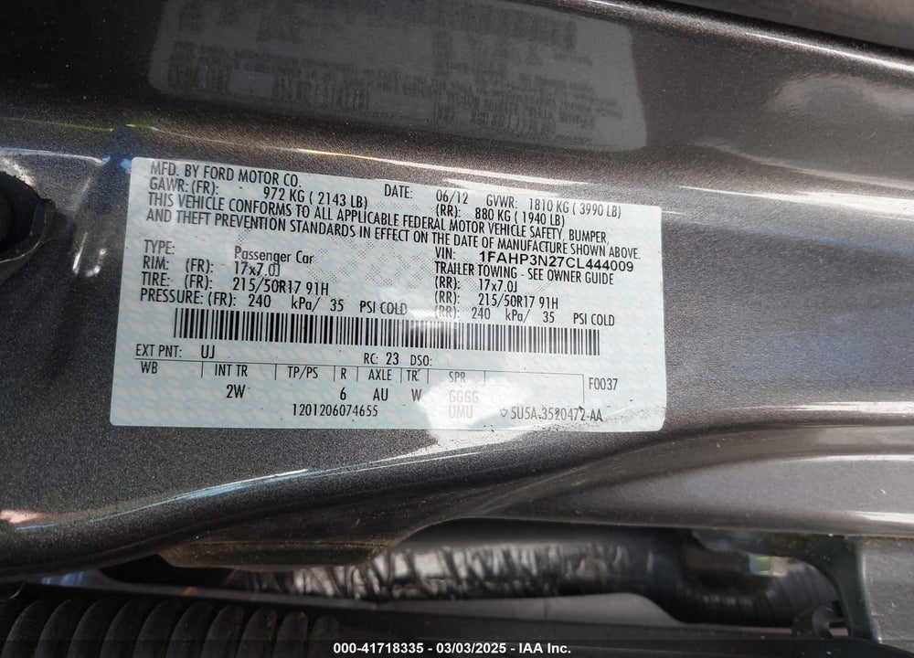 2012 FORD FOCUS VIN: 1FAHP3N27CL444009