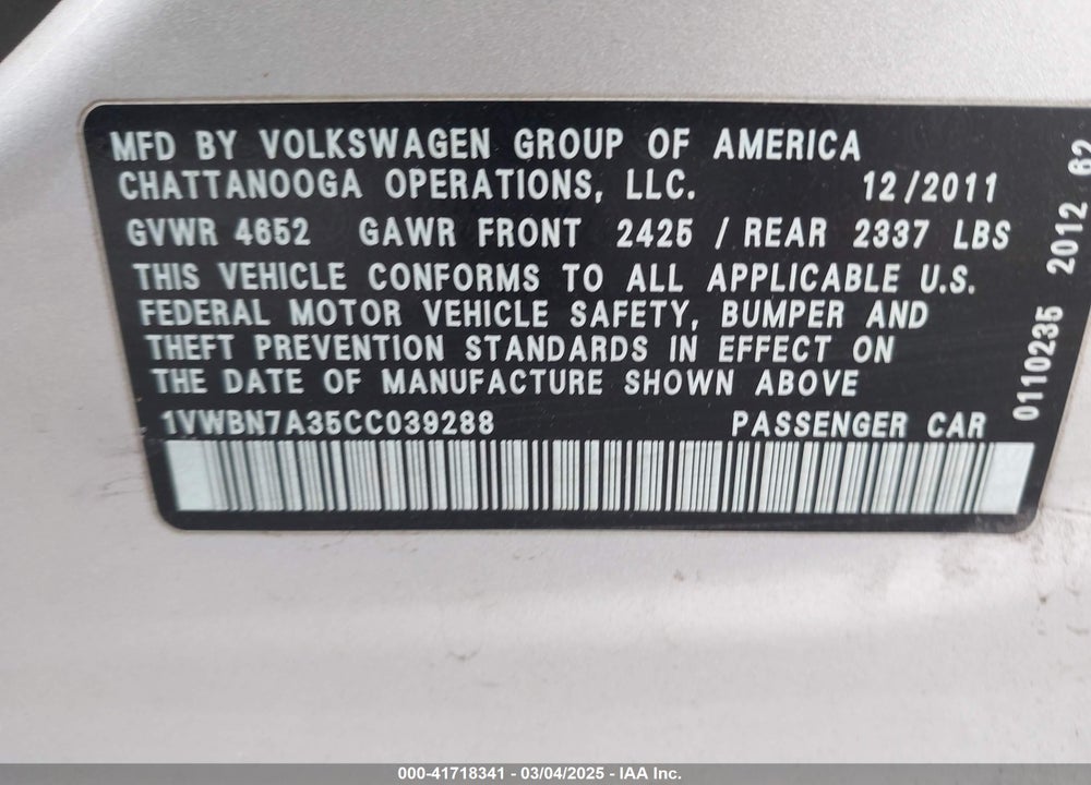 2012 VOLKSWAGEN PASSAT VIN: 1VWBN7A35CC039288