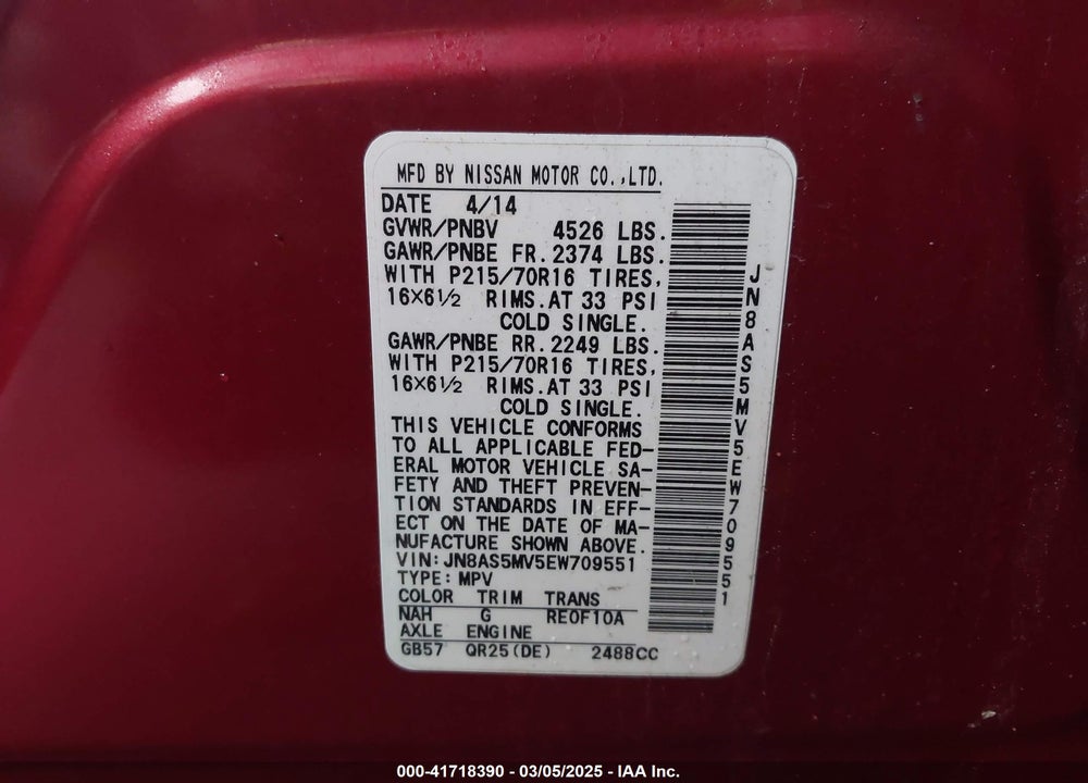 2014 NISSAN ROGUE SELECT VIN: JN8AS5MV5EW709551