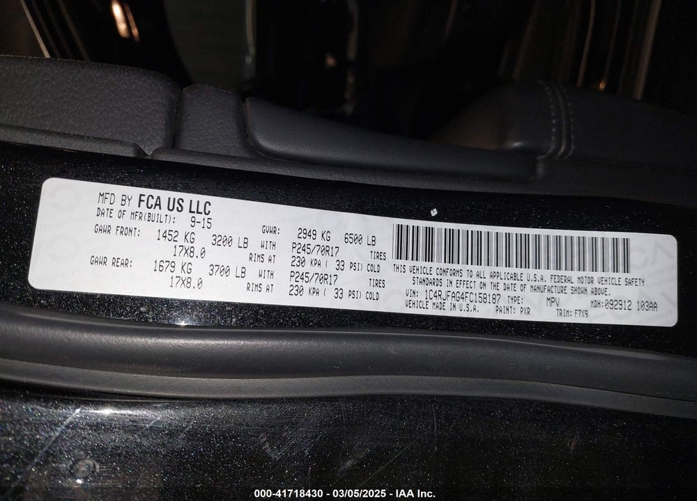 2015 JEEP GRAND CHEROKEE VIN: 1C4RJFAG4FC158187