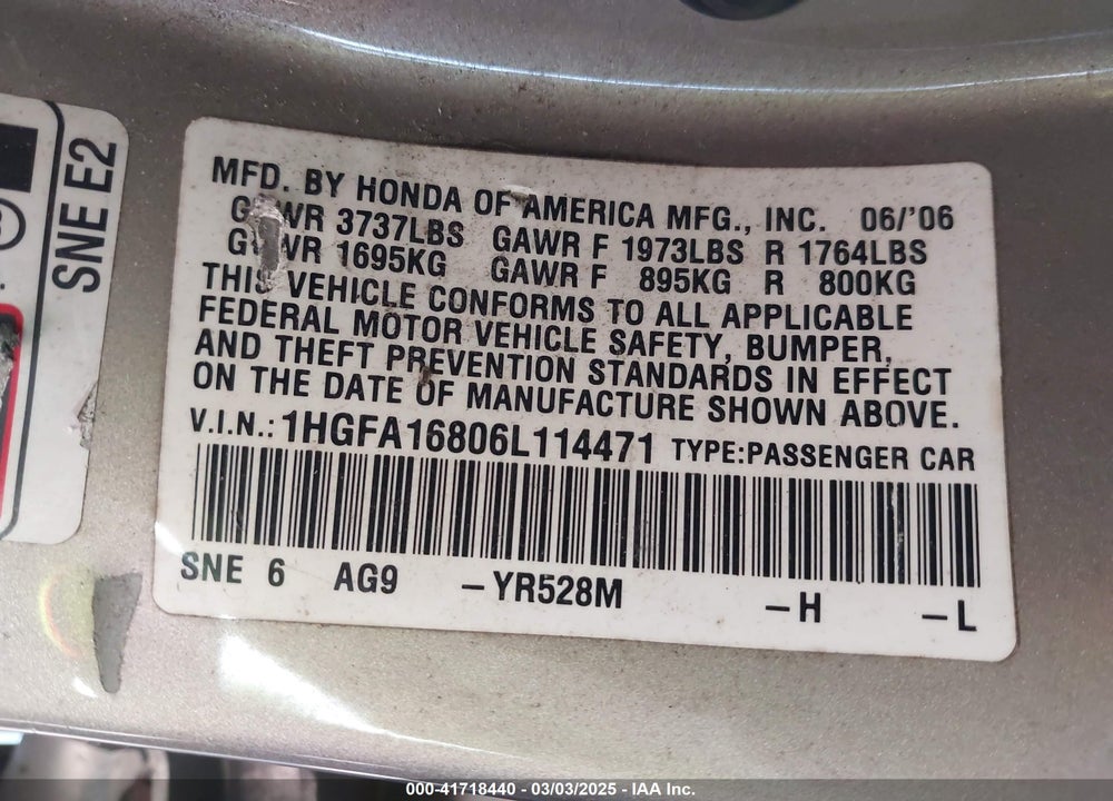 2006 HONDA CIVIC EX VIN: 1HGFA16806L114471