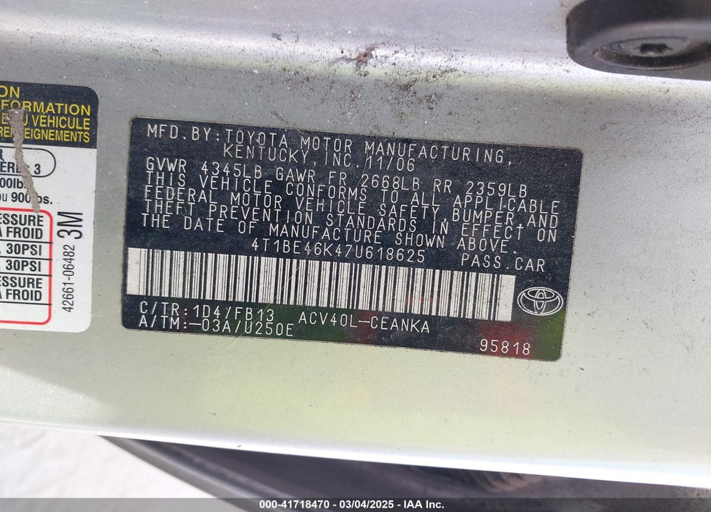 2007 TOYOTA CAMRY VIN: 4T1BE46K47U618625